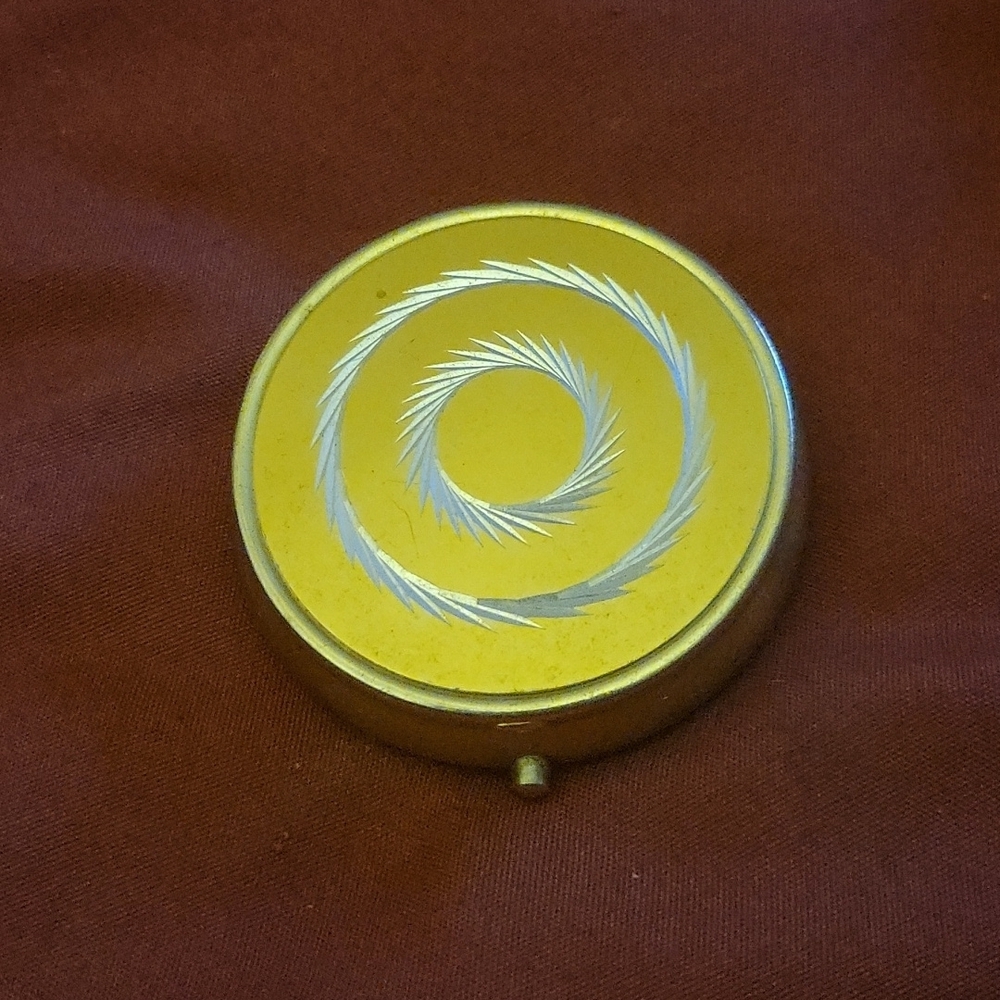 Vintage Gold & Silver Top Etched 3 Compartment Metal Pill Box